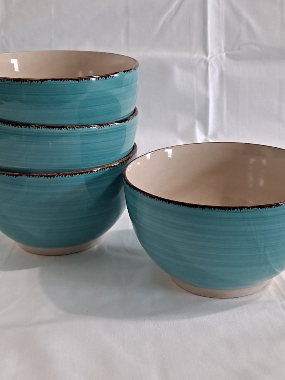 Set 4 Royal Norfolk TURQUOISE SWIRL 5 1/2" Soup BOWLS Cereal Brown trim Stonewar